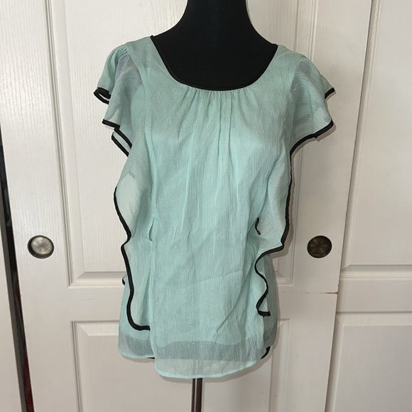 BCX MINT GREEN BLACK TRIM RUFFLE BLOUSE - Picture 1 of 6